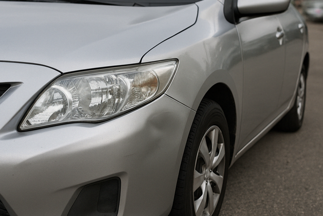 Close-up of a silver car front fender